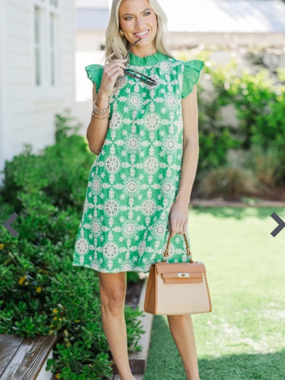 Women’s Green Lace-Accent Ruffle Sleeve Dress